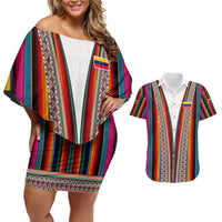 Venezuela Couples Matching Off Shoulder Short Dress and Hawaiian Shirt with Andean Multicolor Woven Textile Stripe Spirit