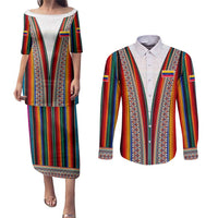 Venezuela Couples Matching Puletasi and Long Sleeve Button Shirt with Andean Multicolor Woven Textile Stripe Spirit