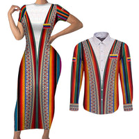 Venezuela Couples Matching Short Sleeve Bodycon Dress and Long Sleeve Button Shirt with Andean Multicolor Woven Textile Stripe Spirit