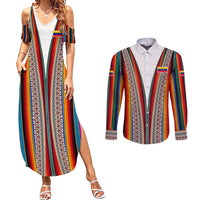 Venezuela Couples Matching Summer Maxi Dress and Long Sleeve Button Shirt with Andean Multicolor Woven Textile Stripe Spirit