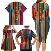 Venezuela Family Matching Long Sleeve Bodycon Dress and Hawaiian Shirt with Andean Multicolor Woven Textile Stripe Spirit