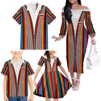 Venezuela Family Matching Off The Shoulder Long Sleeve Dress and Hawaiian Shirt with Andean Multicolor Woven Textile Stripe Spirit