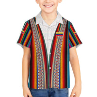Venezuela Family Matching Off The Shoulder Long Sleeve Dress and Hawaiian Shirt with Andean Multicolor Woven Textile Stripe Spirit