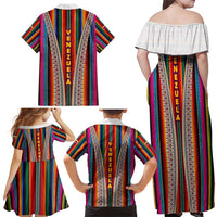 Venezuela Family Matching Off Shoulder Maxi Dress and Hawaiian Shirt with Andean Multicolor Woven Textile Stripe Spirit