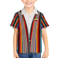 Venezuela Family Matching Off Shoulder Short Dress and Hawaiian Shirt with Andean Multicolor Woven Textile Stripe Spirit