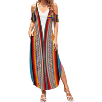 Venezuela Family Matching Summer Maxi Dress and Hawaiian Shirt with Andean Multicolor Woven Textile Stripe Spirit