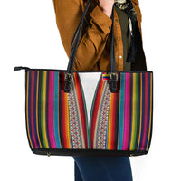 Venezuela Leather Tote Bag with Andean Multicolor Woven Textile Stripe Spirit