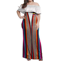 Venezuela Off Shoulder Maxi Dress with Andean Multicolor Woven Textile Stripe Spirit