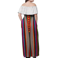 Venezuela Off Shoulder Maxi Dress with Andean Multicolor Woven Textile Stripe Spirit