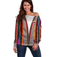 Venezuela Off Shoulder Sweater with Andean Multicolor Woven Textile Stripe Spirit