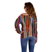 Venezuela Off Shoulder Sweater with Andean Multicolor Woven Textile Stripe Spirit