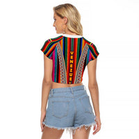 Venezuela Raglan Cropped T Shirt with Andean Multicolor Woven Textile Stripe Spirit