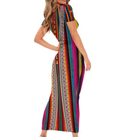 Venezuela Short Sleeve Bodycon Dress with Andean Multicolor Woven Textile Stripe Spirit