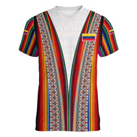 Venezuela Women V-Neck T-Shirt with Andean Multicolor Woven Textile Stripe Spirit