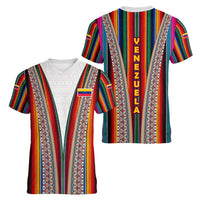 Venezuela Women V-Neck T-Shirt with Andean Multicolor Woven Textile Stripe Spirit