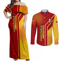 Venezuela Couples Matching Off Shoulder Maxi Dress and Long Sleeve Button Shirt with La Vinotinto Football Federation Red Yellow Spirit