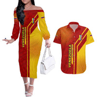 Venezuela Couples Matching Off The Shoulder Long Sleeve Dress and Hawaiian Shirt with La Vinotinto Football Federation Red Yellow Spirit