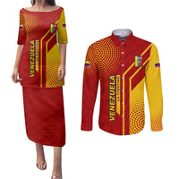 Venezuela Couples Matching Puletasi and Long Sleeve Button Shirt with La Vinotinto Football Federation Red Yellow Spirit