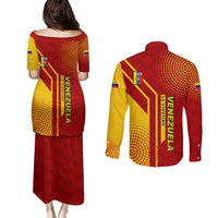 Venezuela Couples Matching Puletasi and Long Sleeve Button Shirt with La Vinotinto Football Federation Red Yellow Spirit