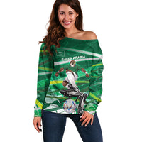 Personalized Saudi Arabia Football Off Shoulder Sweater Green Falcon National Pride Mascot