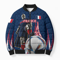 Personalized France Football Knight Bomber Puffer Jacket Medieval Knight Soccer Concept With Eiffel Tower