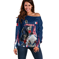 Personalized France Football Knight Off Shoulder Sweater Medieval Knight Soccer Concept With Eiffel Tower