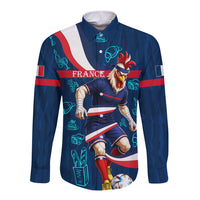 Personalized France Gallic Rooster Football Long Sleeve Button Shirt Rooster Mascot French Culture Doodle