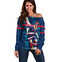 Personalized France Gallic Rooster Football Off Shoulder Sweater Rooster Mascot French Culture Doodle