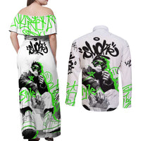 Street Style Graffiti Couples Matching Off Shoulder Maxi Dress and Long Sleeve Button Shirt with Smoking Monkey and Neon Green - Wonder Print Shop