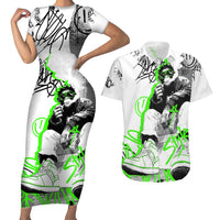 Street Style Graffiti Couples Matching Short Sleeve Bodycon Dress and Hawaiian Shirt with Smoking Monkey and Neon Green - Wonder Print Shop