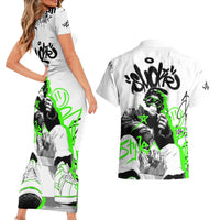 Street Style Graffiti Couples Matching Short Sleeve Bodycon Dress and Hawaiian Shirt with Smoking Monkey and Neon Green - Wonder Print Shop