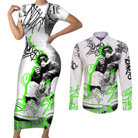 Street Style Graffiti Couples Matching Short Sleeve Bodycon Dress and Long Sleeve Button Shirt with Smoking Monkey and Neon Green - Wonder Print Shop