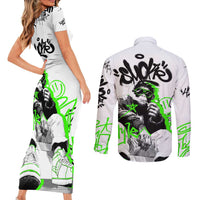 Street Style Graffiti Couples Matching Short Sleeve Bodycon Dress and Long Sleeve Button Shirt with Smoking Monkey and Neon Green - Wonder Print Shop