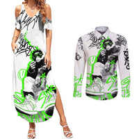 Street Style Graffiti Couples Matching Summer Maxi Dress and Long Sleeve Button Shirt with Smoking Monkey and Neon Green - Wonder Print Shop