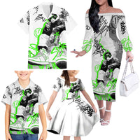 Street Style Graffiti Family Matching Off The Shoulder Long Sleeve Dress and Hawaiian Shirt with Smoking Monkey and Neon Green - Wonder Print Shop