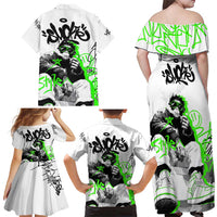 Street Style Graffiti Family Matching Off Shoulder Maxi Dress and Hawaiian Shirt with Smoking Monkey and Neon Green - Wonder Print Shop