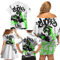 Street Style Graffiti Family Matching Off Shoulder Short Dress and Hawaiian Shirt with Smoking Monkey and Neon Green - Wonder Print Shop