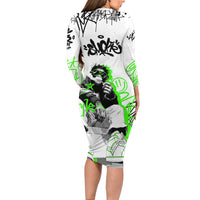 Street Style Graffiti Long Sleeve Bodycon Dress with Smoking Monkey and Neon Green - Wonder Print Shop