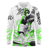 Street Style Graffiti Long Sleeve Polo Shirt with Smoking Monkey and Neon Green - Wonder Print Shop