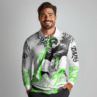 Street Style Graffiti Long Sleeve Polo Shirt with Smoking Monkey and Neon Green - Wonder Print Shop