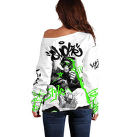Street Style Graffiti Off Shoulder Sweater with Smoking Monkey and Neon Green - Wonder Print Shop