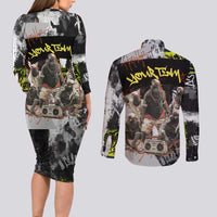Boombox Breakdancer Couples Matching Long Sleeve Bodycon Dress and Long Sleeve Button Shirt with Grafiti Art and Grunge Street Hip Hop Style - Wonder Print Shop