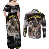 Boombox Breakdancer Couples Matching Off Shoulder Maxi Dress and Long Sleeve Button Shirt with Grafiti Art and Grunge Street Hip Hop Style - Wonder Print Shop