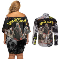 Boombox Breakdancer Couples Matching Off Shoulder Short Dress and Long Sleeve Button Shirt with Grafiti Art and Grunge Street Hip Hop Style - Wonder Print Shop