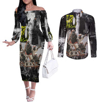 Boombox Breakdancer Couples Matching Off The Shoulder Long Sleeve Dress and Long Sleeve Button Shirt with Grafiti Art and Grunge Street Hip Hop Style - Wonder Print Shop