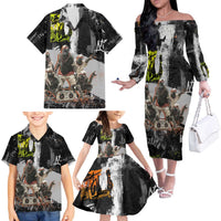 Boombox Breakdancer Family Matching Off The Shoulder Long Sleeve Dress and Hawaiian Shirt with Grafiti Art and Grunge Street Hip Hop Style - Wonder Print Shop