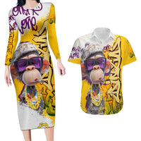 Graffiti Monkey Couples Matching Long Sleeve Bodycon Dress and Hawaiian Shirt with Hip Hop Sunglasses and Gold Chain Design - Wonder Print Shop