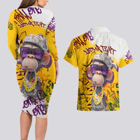 Graffiti Monkey Couples Matching Long Sleeve Bodycon Dress and Hawaiian Shirt with Hip Hop Sunglasses and Gold Chain Design - Wonder Print Shop