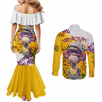 Graffiti Monkey Couples Matching Mermaid Dress and Long Sleeve Button Shirt with Hip Hop Sunglasses and Gold Chain Design - Wonder Print Shop
