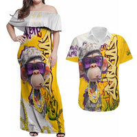 Graffiti Monkey Couples Matching Off Shoulder Maxi Dress and Hawaiian Shirt with Hip Hop Sunglasses and Gold Chain Design - Wonder Print Shop